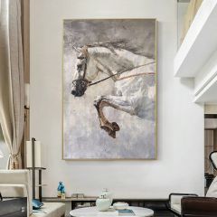 纯手绘油画新中式动物马装饰画玄关竖版挂画书房办公室壁画黑白风