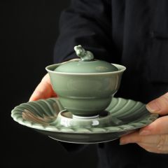 墨绿5入竹青拟古茶具套装家用中式高档陶瓷盖碗茶杯功夫茶礼盒装 墨绿色（套装）