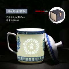 景德镇青花玲珑陶瓷茶杯马克杯带盖办公杯会议杯家用办公杯子送礼 富贵