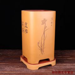 精品紫砂盆紫砂宜兴紫砂花盆大兰花盆精品手工刻绘四方桌面绿植剑兰 黄+底座 紫砂 x 大